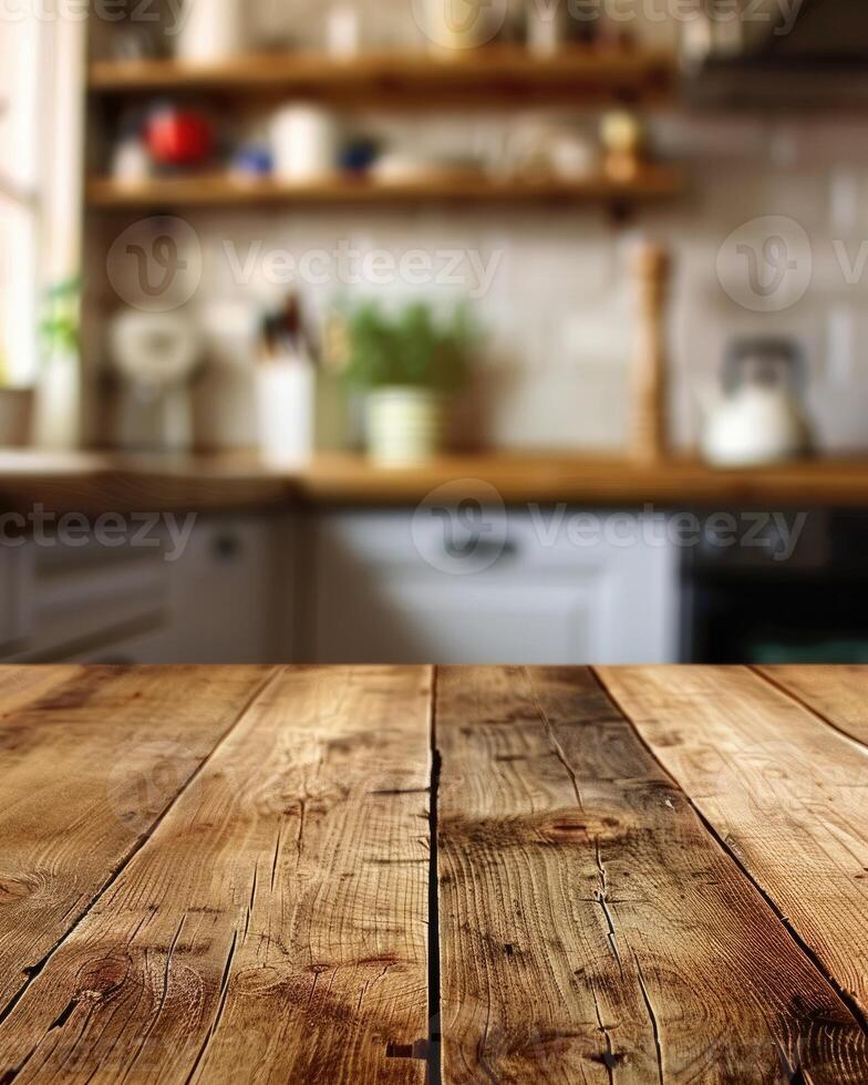 Rustic Wooden Tabletop with Blurred Kitchen Backdrop photo