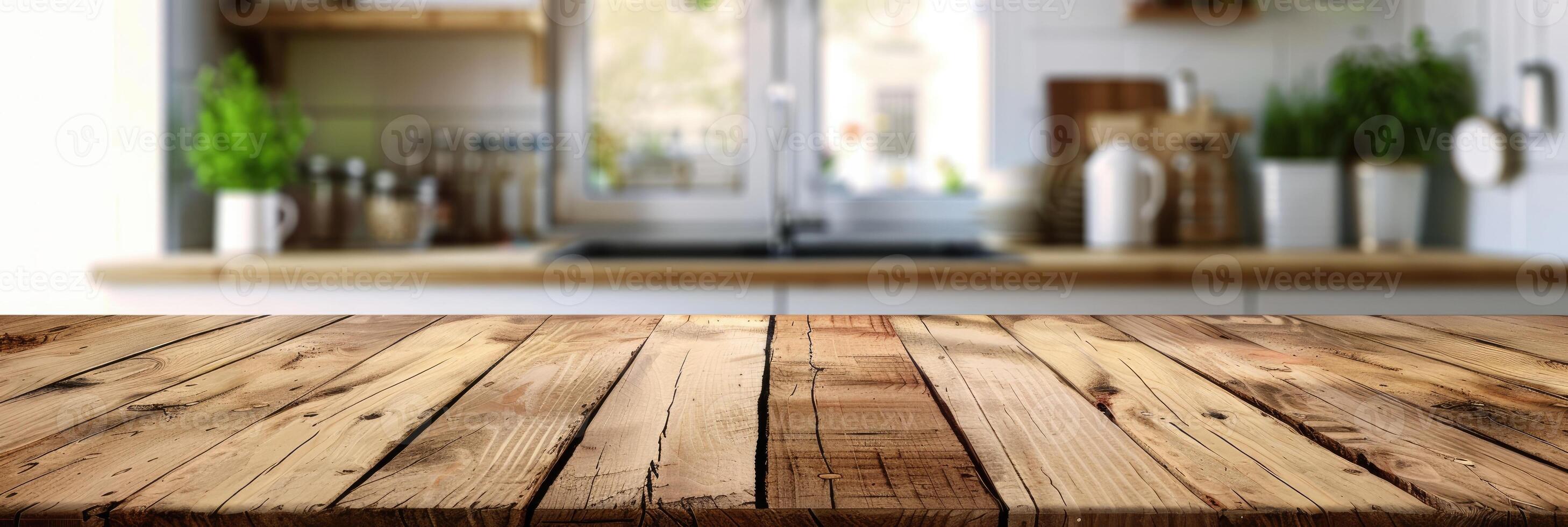 Rustic Wooden Tabletop with Blurred Kitchen Backdrop photo