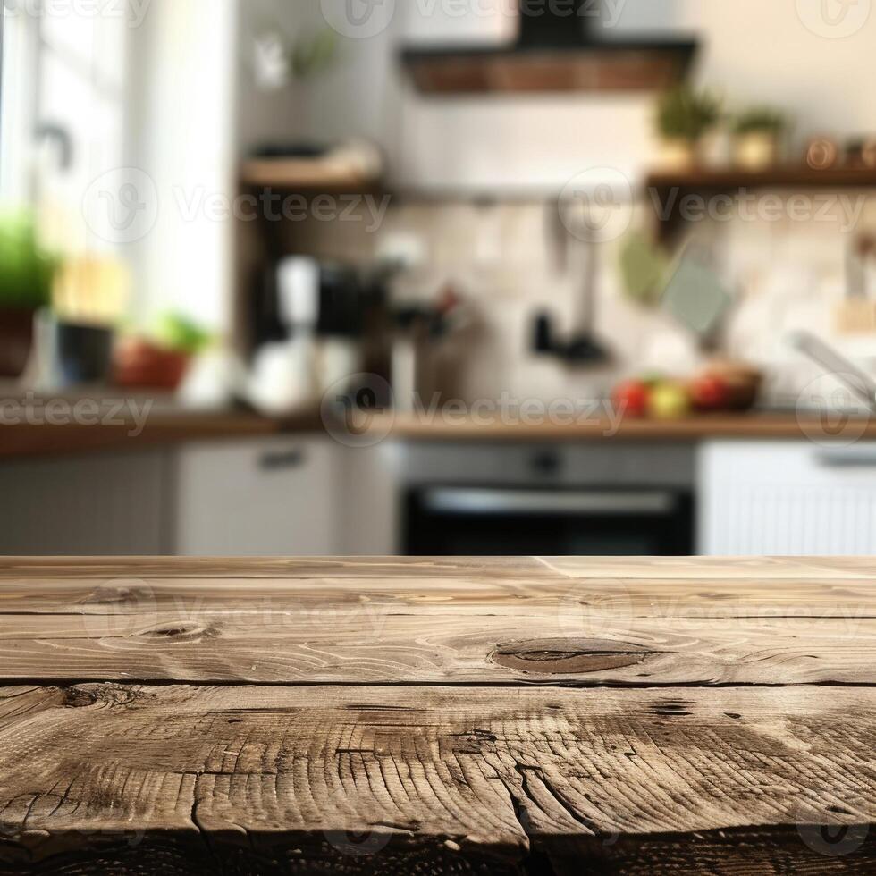 Rustic Wooden Tabletop with Blurred Kitchen Backdrop photo