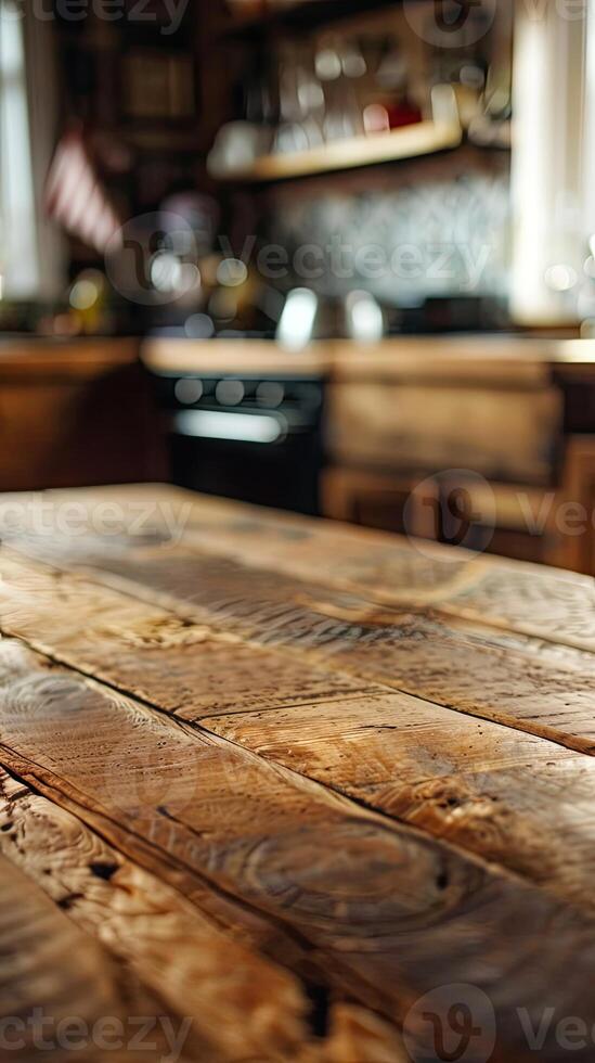 Rustic Wooden Tabletop with Blurred Kitchen Backdrop photo
