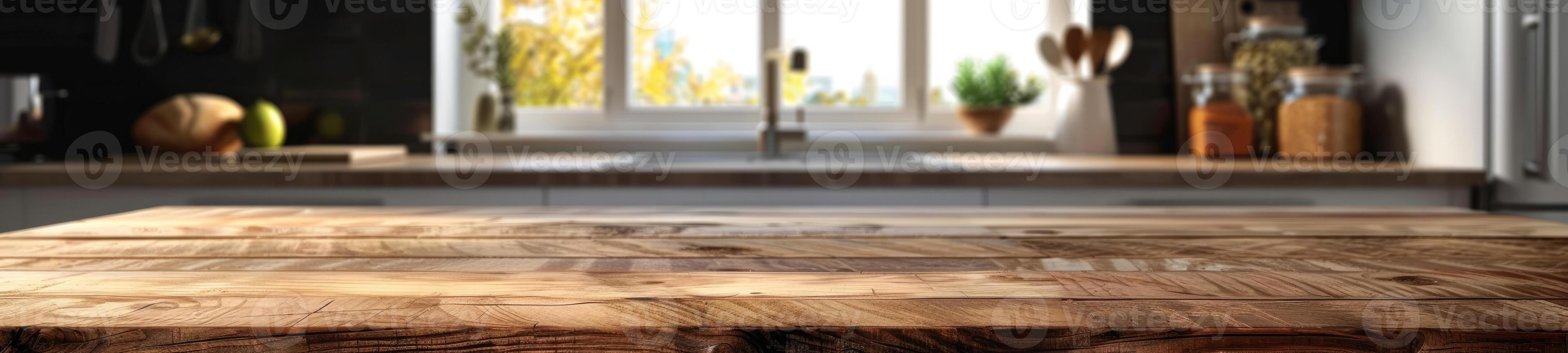 Rustic Wooden Tabletop with Blurred Kitchen Backdrop photo
