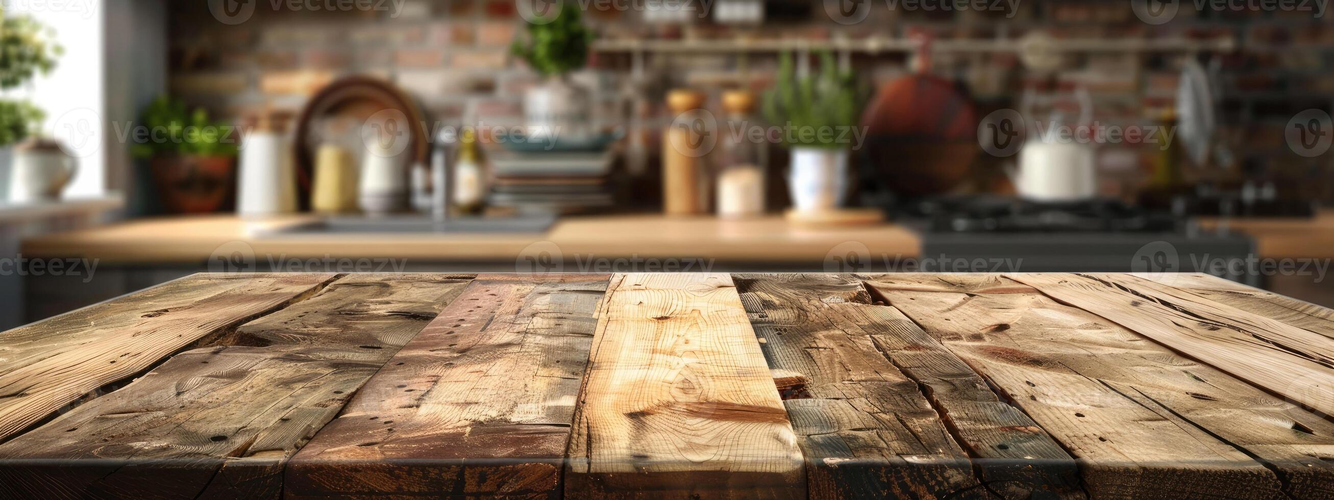 Rustic Wooden Tabletop with Blurred Kitchen Backdrop photo