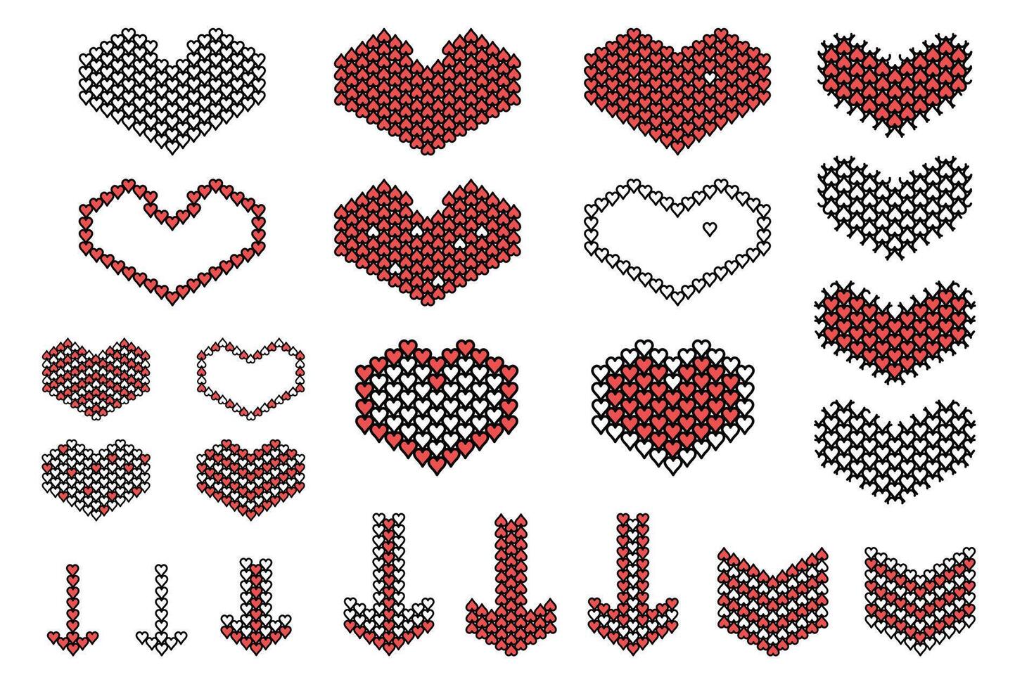 Collection of love heart symbol. Set of love illustrations. Illustration made from hearts. Arrows. Valentine's Day. Red. White. Signs vector