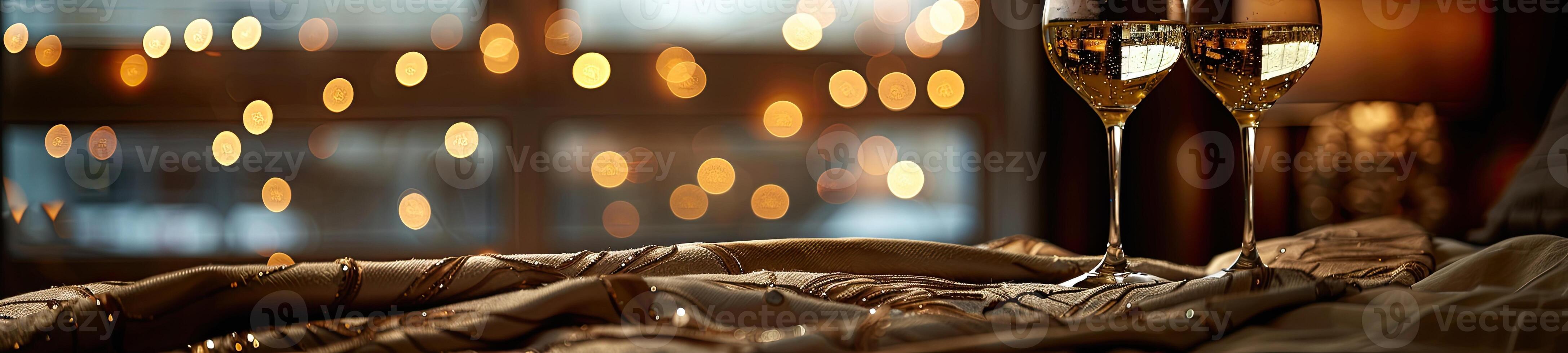 Romantic Bed with Pillows and Champagne Glasses photo