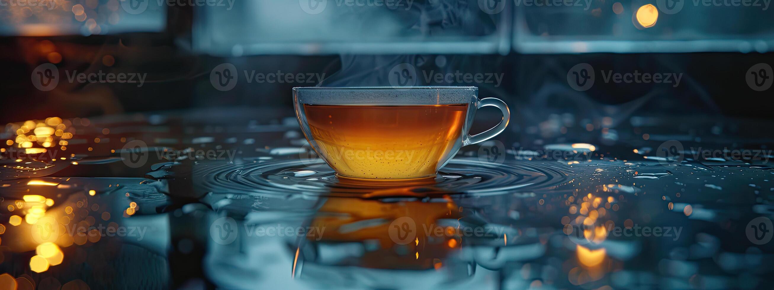Steaming Tea Cup on Moist Surface photo