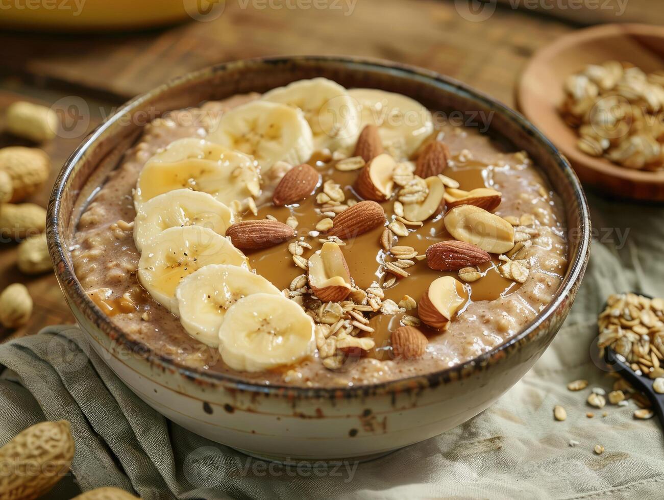 nuez mantequilla plátano avena cuenco deleite foto