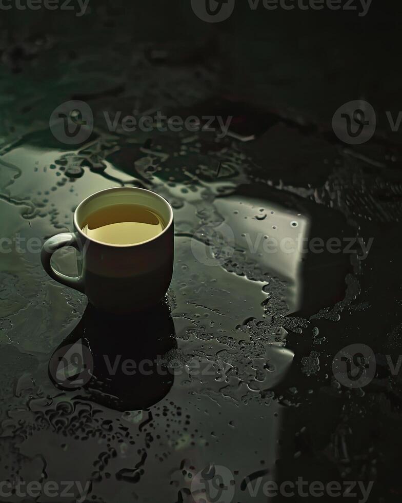 Steaming Tea Cup on Moist Surface photo
