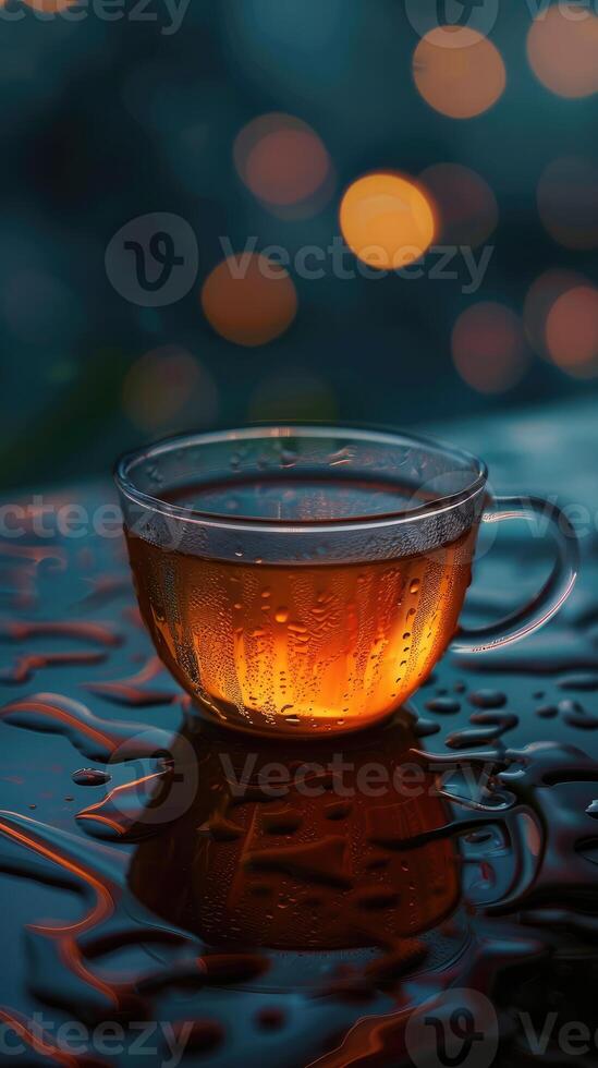 humeante té taza en húmedo superficie foto