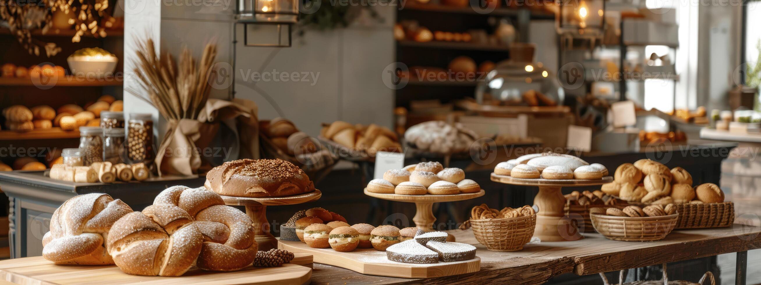 lujo panadería en elegante comida mesa foto