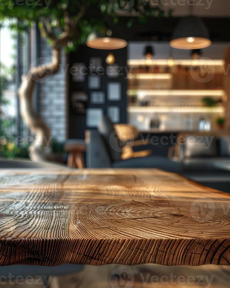 Empty Wooden Table in Living Room Close-Up mockup photo