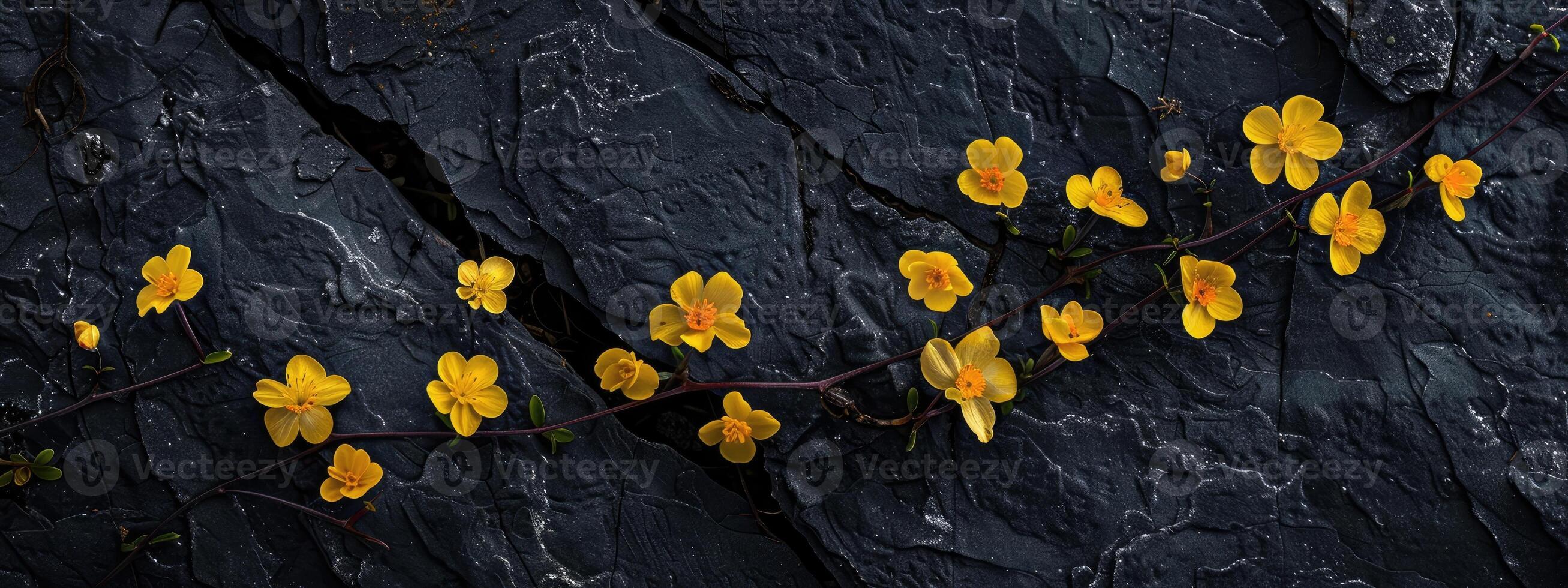 Abundance of Small Yellow Flowers on Dark Stone Background photo