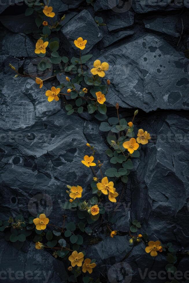 Abundance of Small Yellow Flowers on Dark Stone Background photo