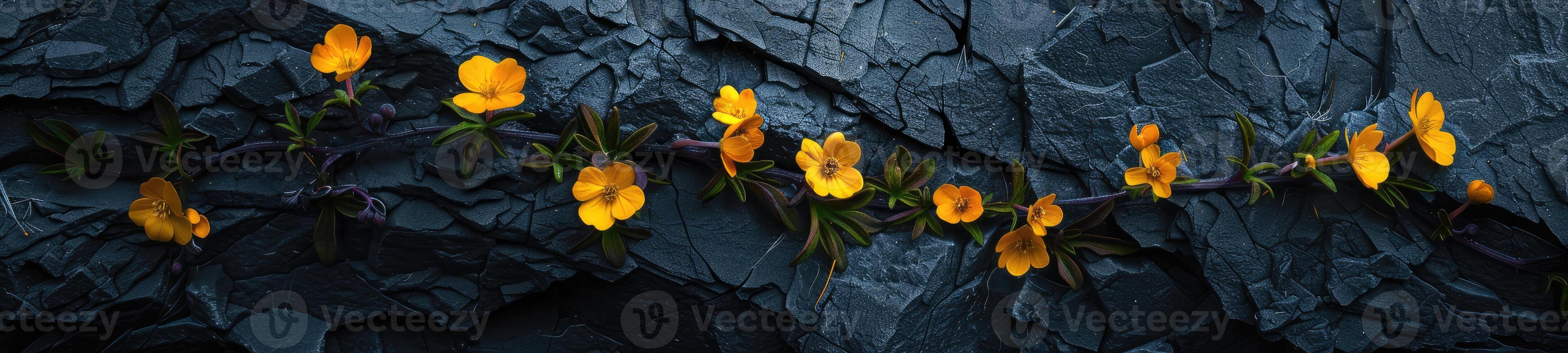 abundancia de pequeño amarillo flores en oscuro Roca antecedentes foto
