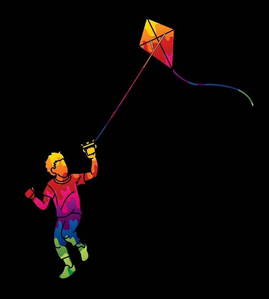 Abstract A Boy Running Fly a Kite Child Playing vector