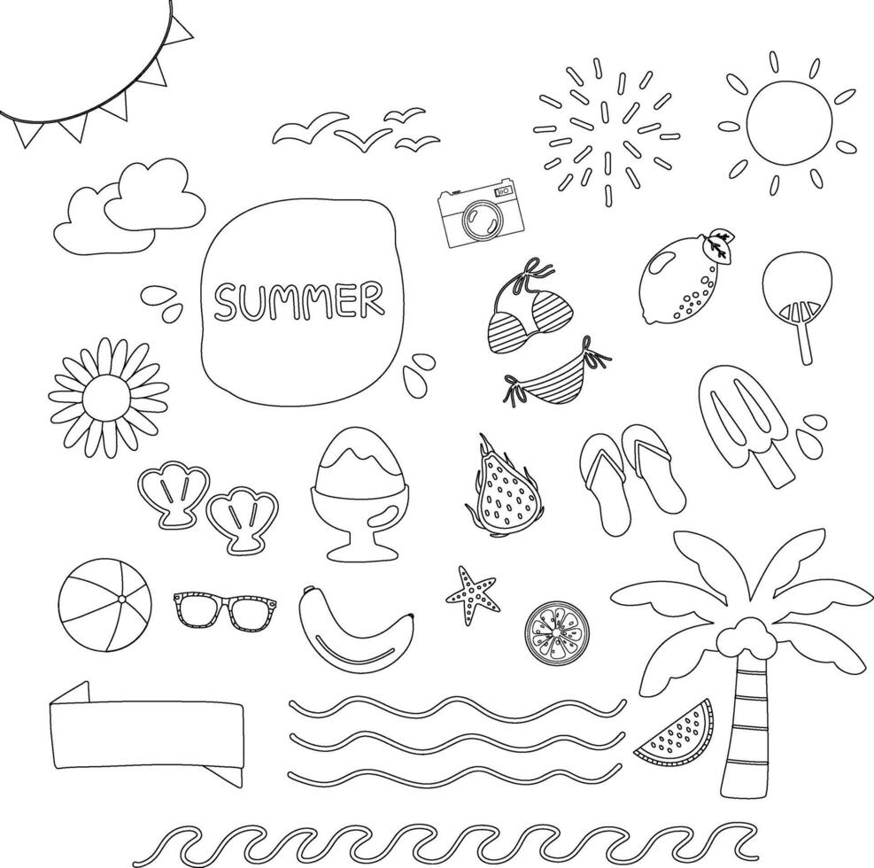 hand drawn illustration of a set monochrome line of Summer holiday sticker pack design elements. Cute elements doodle collection in flat style. For poster, card, scrapbooking, invitation, graphic vector