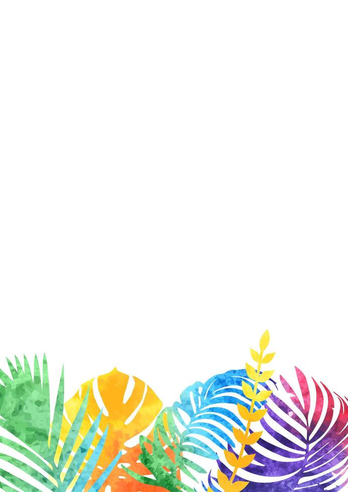 watercolor rainbow abstract background with tropical leaves vector