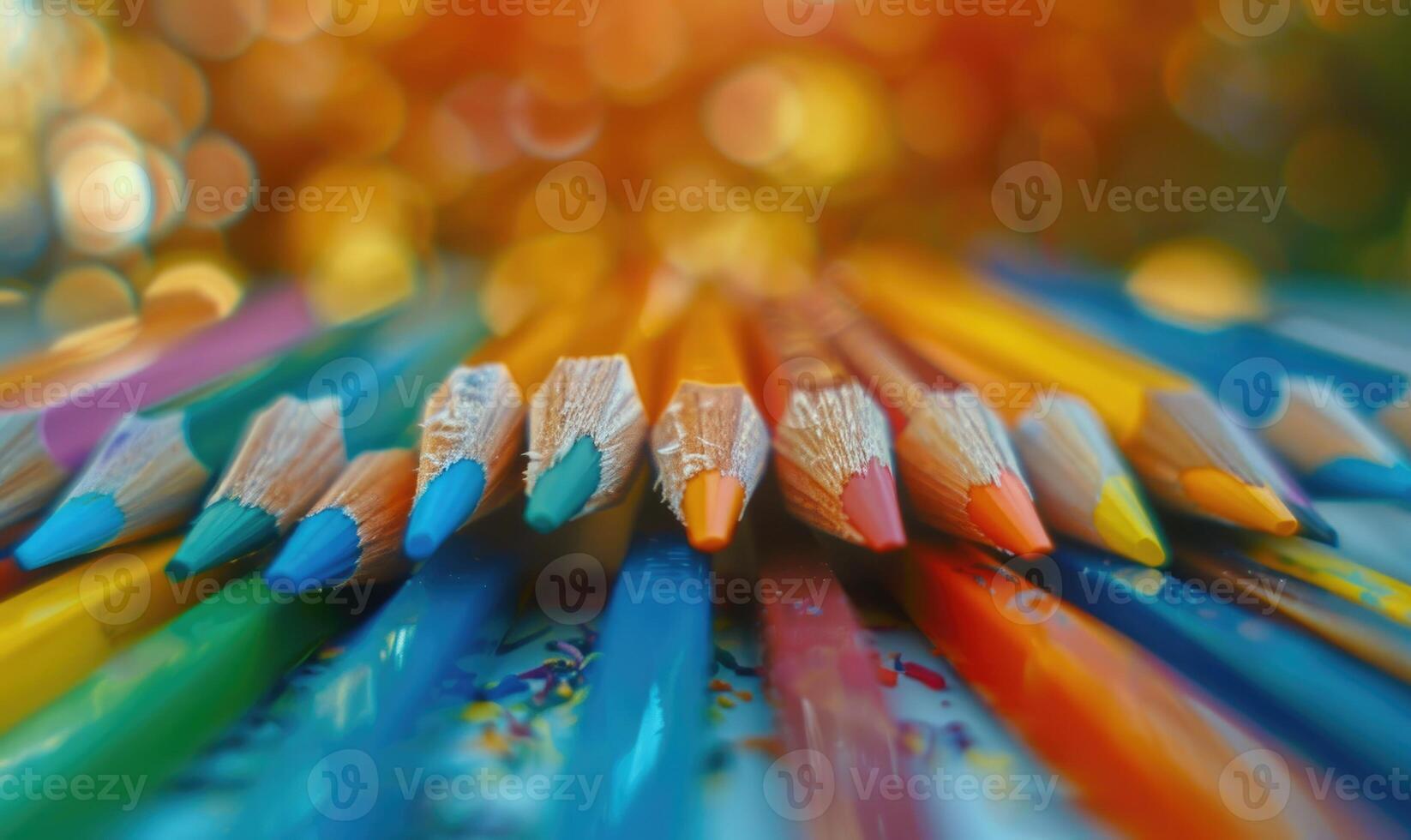 A distant view of colored pencils scattered on a tabletop photo