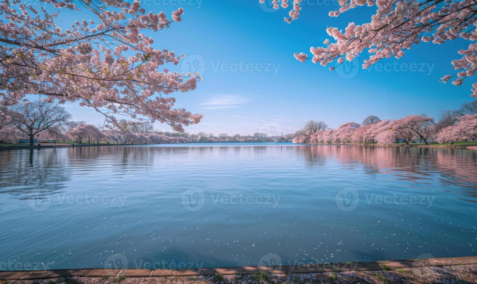 The lake in full bloom during the springtime, cherry tries blossoms near the lake in clear sunny day photo