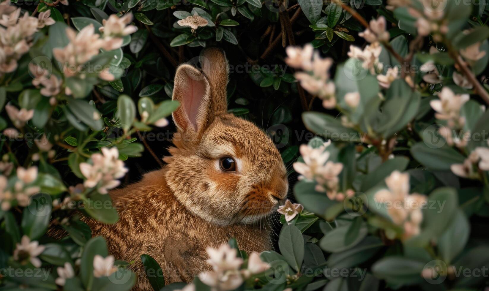 A fluffy brown bunny peeking out from behind a bush photo