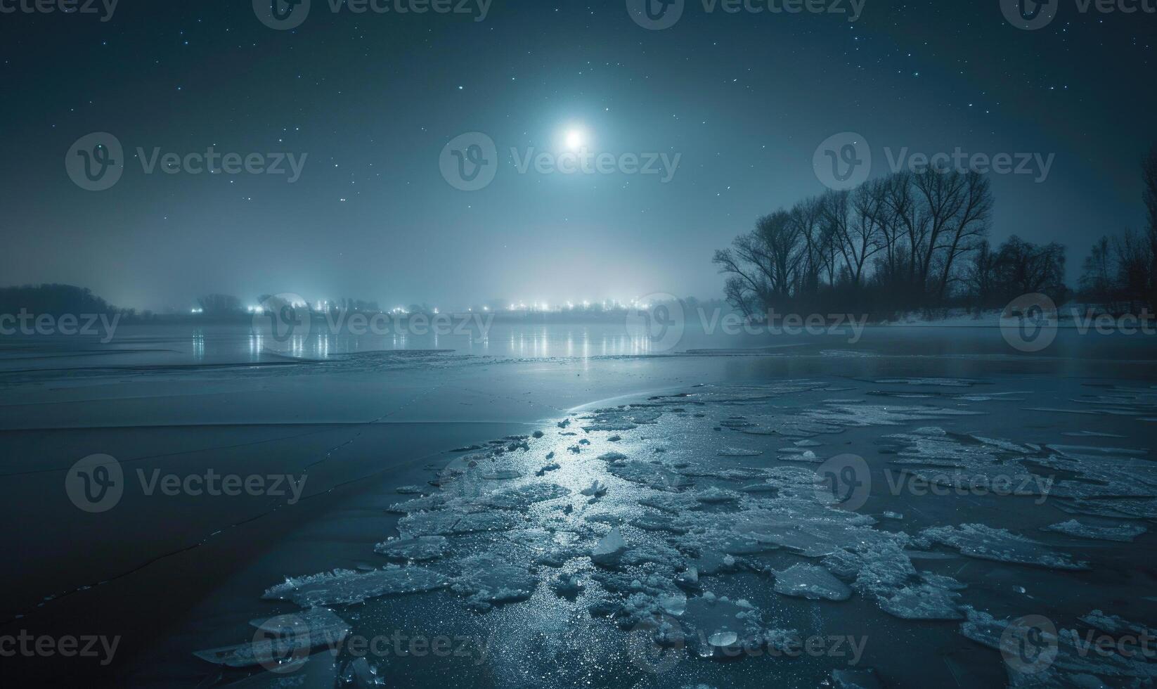 A frozen lake bathed in the soft glow of the moonlight photo