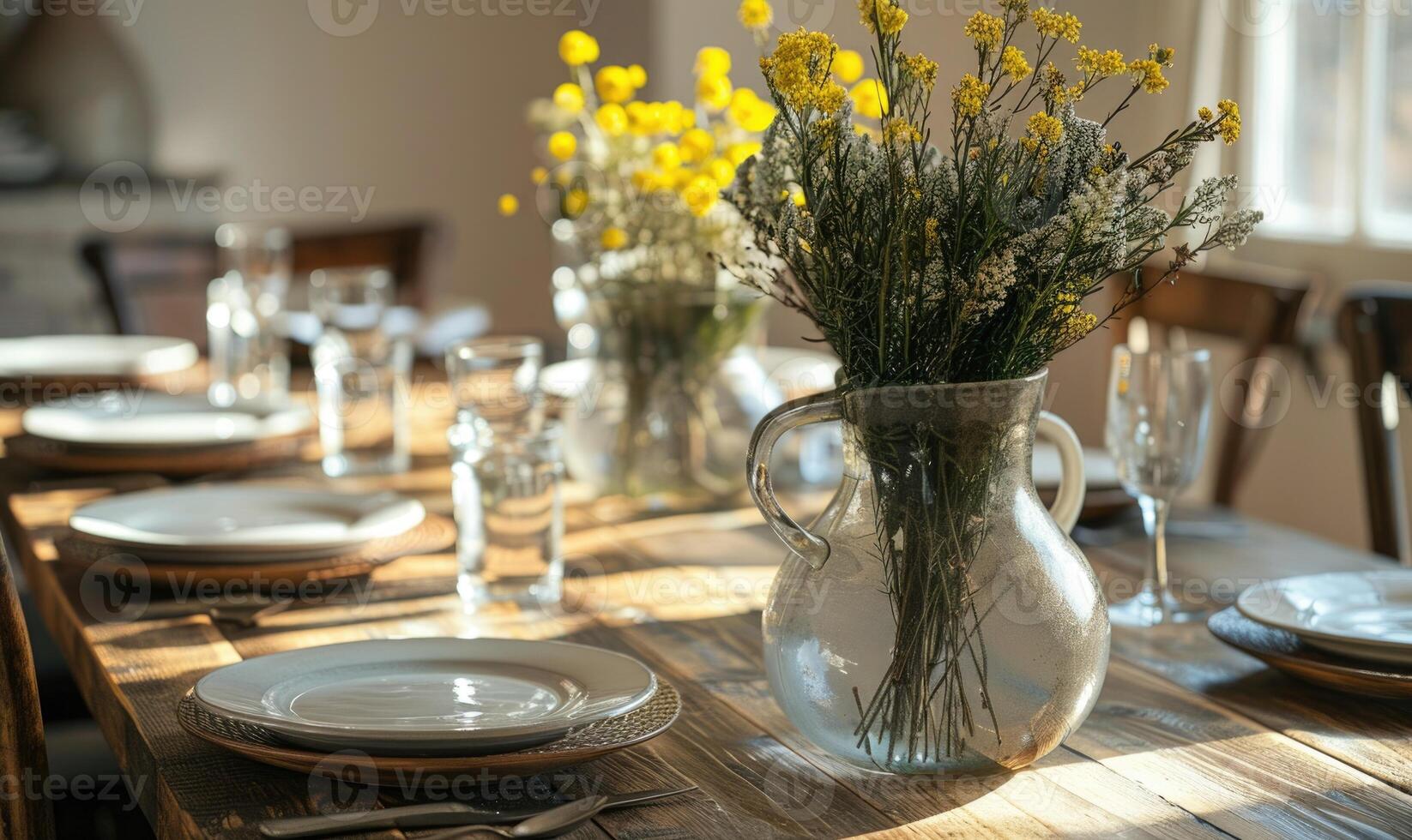 A dreamy bedroom setting with a vase of Mimosa flowers placed on a bedside table photo