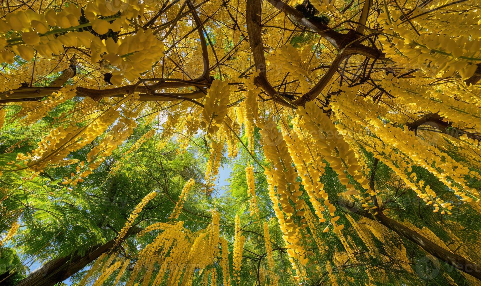 Laburnum blossoms forming a canopy of golden flowers photo