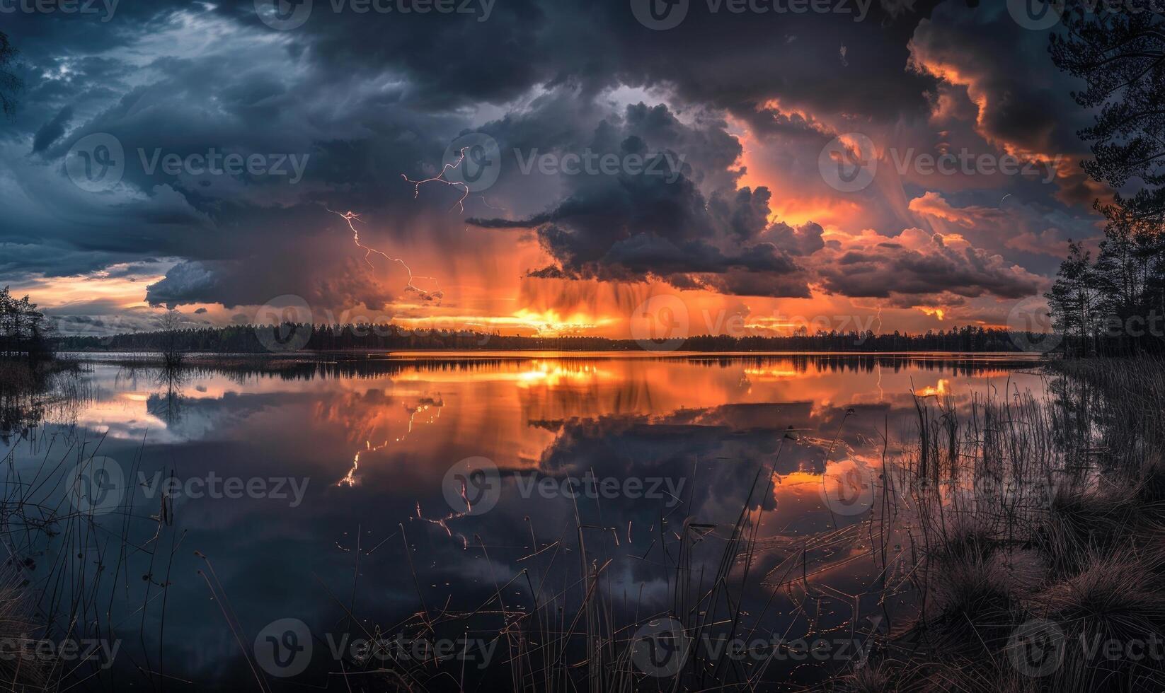 A dramatic stormy sky looming over the horizon, with dark clouds and flashes of lightning reflected in the waters of a lake photo