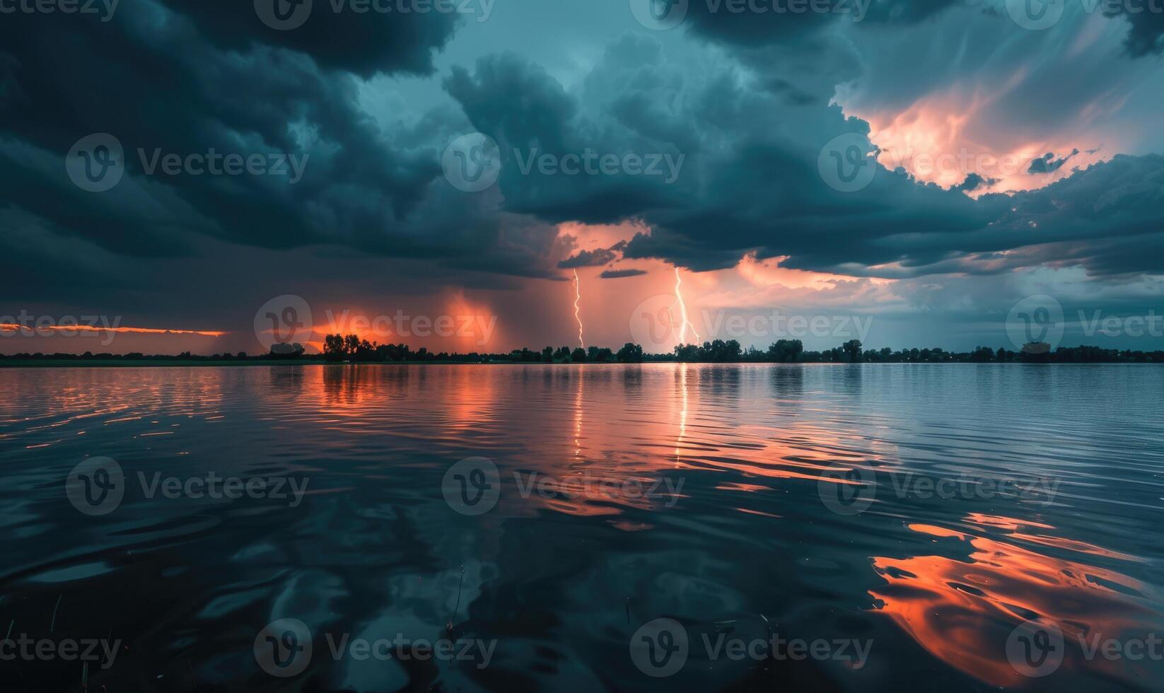 A dramatic stormy sky looming over the horizon, with dark clouds and flashes of lightning reflected in the waters of a lake photo
