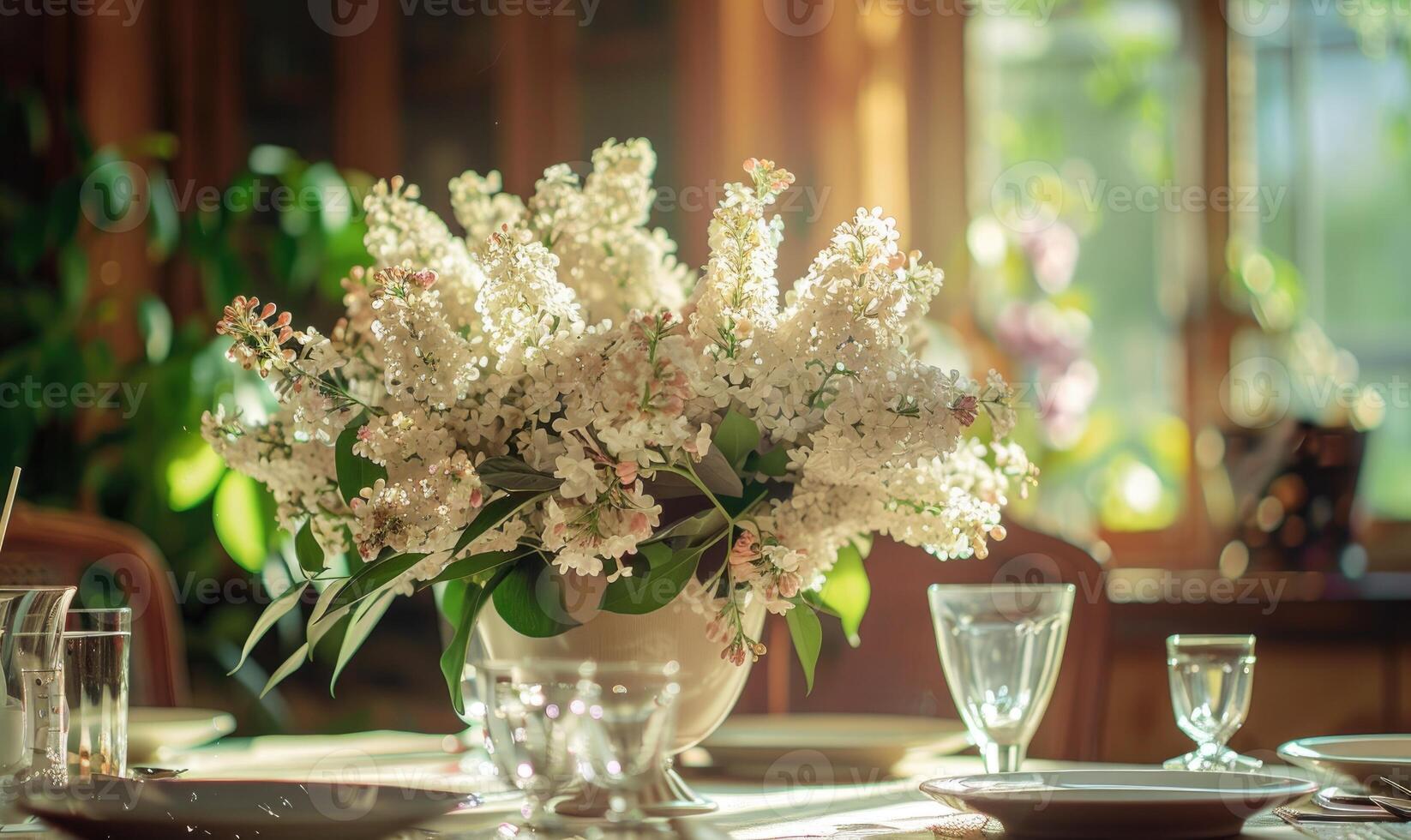 A floral arrangement featuring white flowers on a dining table photo