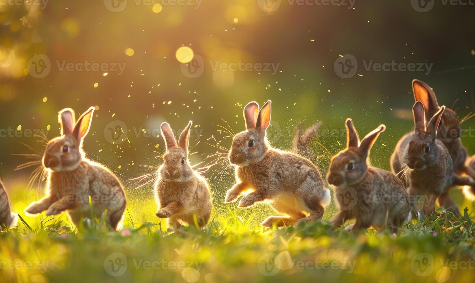 A group of bunnies hopping through a field photo