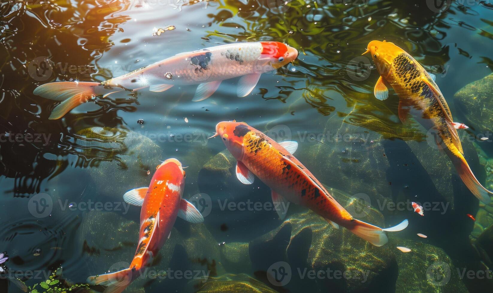 un grupo de vistoso koi pescado nadando en un tranquilo estanque foto