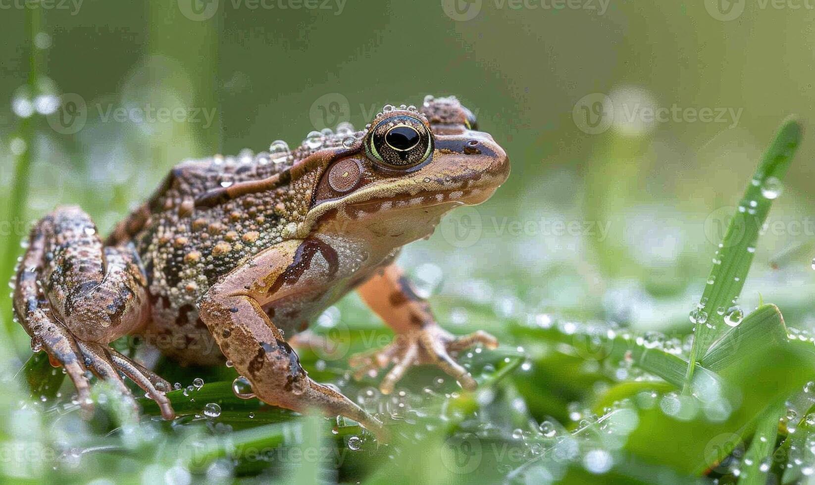 Rana arvalis in a dew-kissed meadow. Closeup view of frog in the grass photo