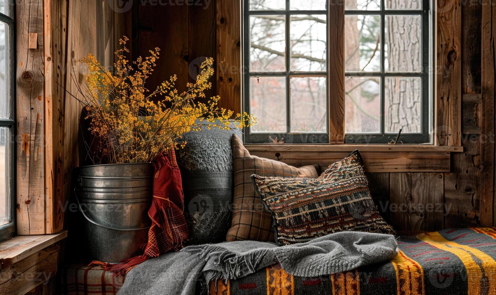 A cozy reading nook in a rustic cabin photo