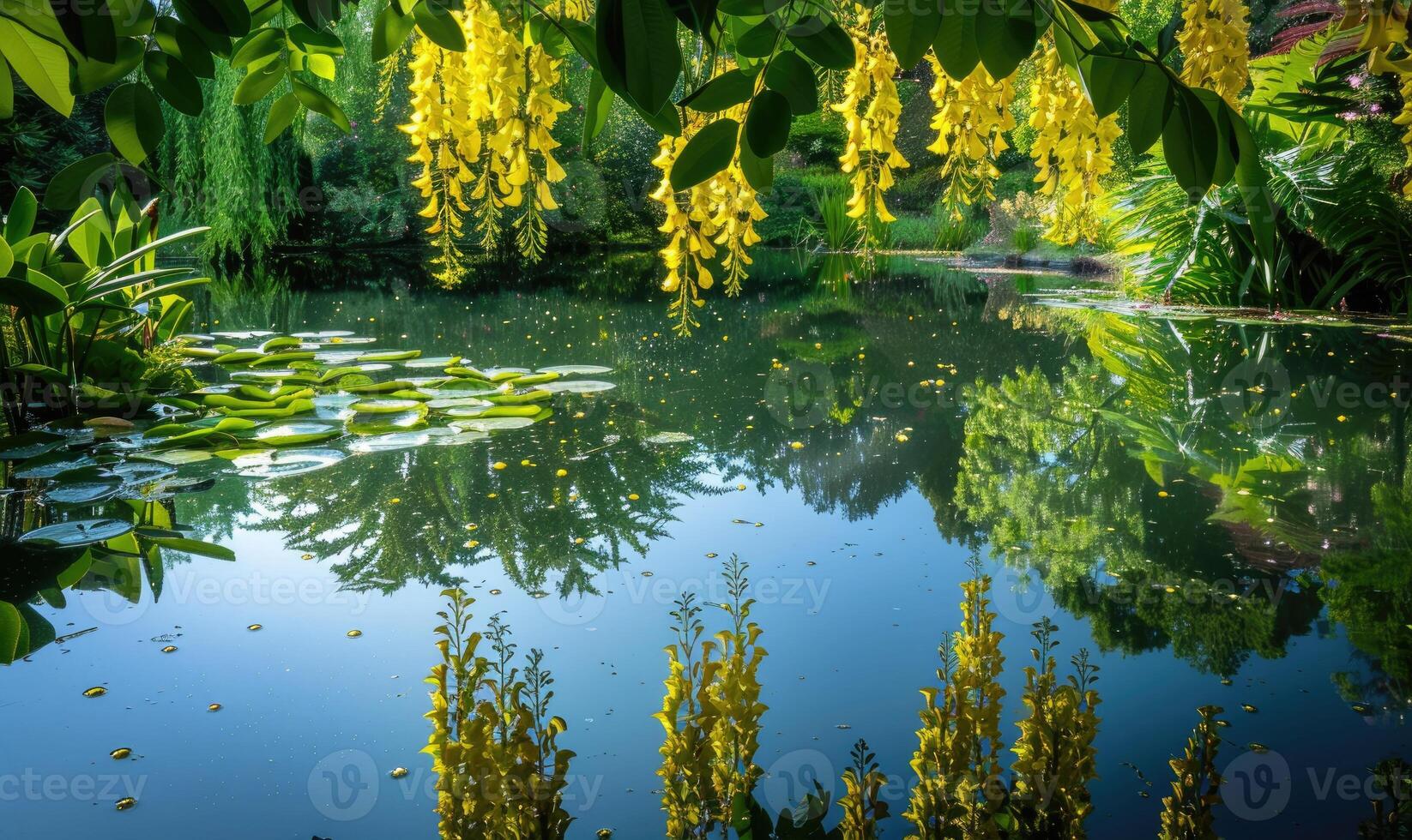 Laburnum flowers reflected in a tranquil pond photo