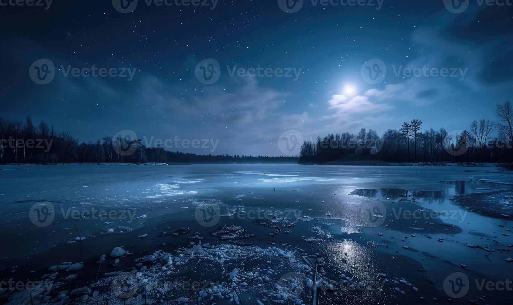 A frozen lake bathed in the soft glow of the moonlight photo