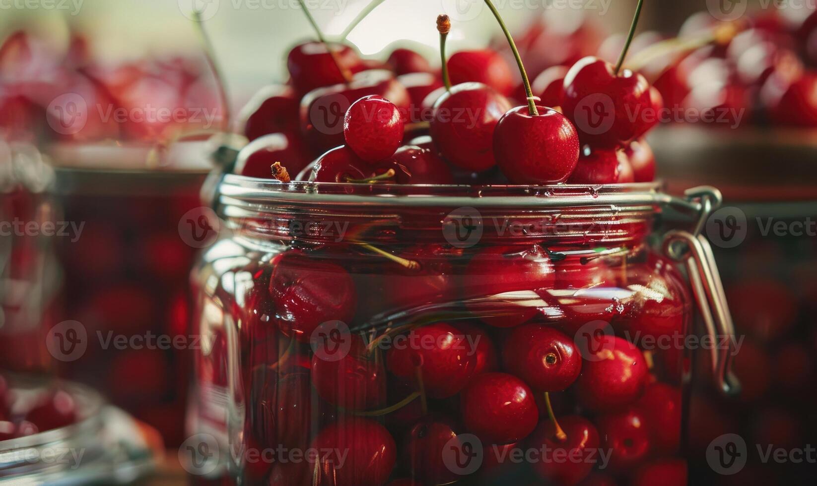 Ripe cherries showcased in a glass jar filled with clear syrup photo