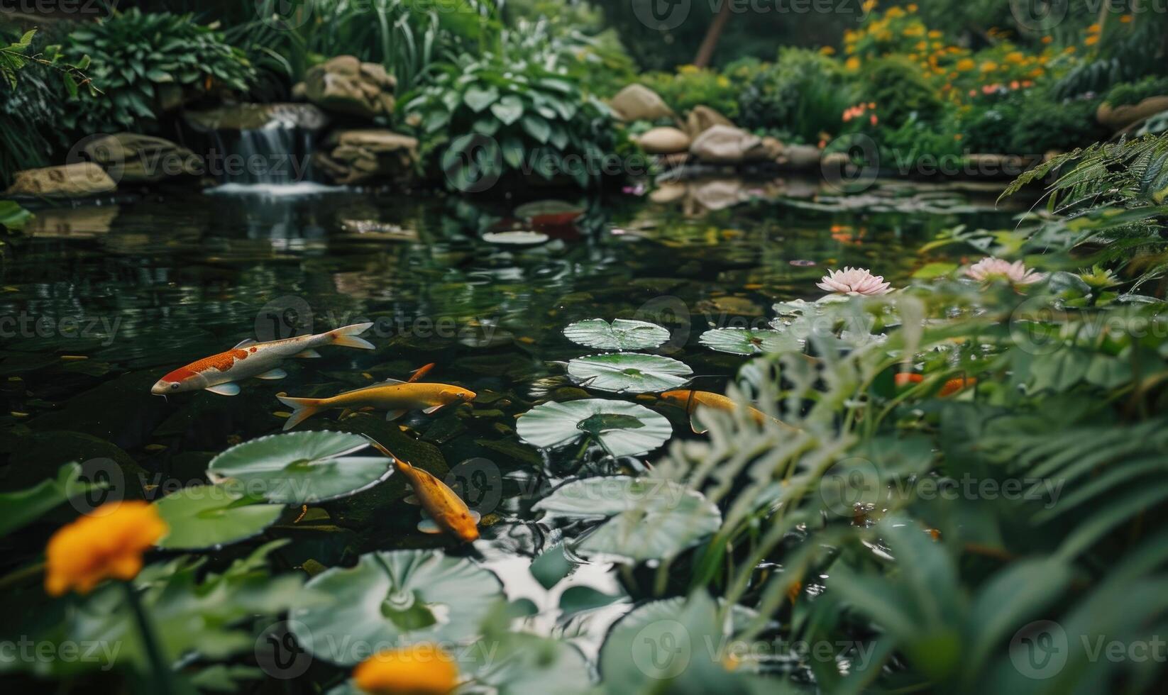 A garden pond adorned with koi fish swimming among water lilies and lush greenery photo