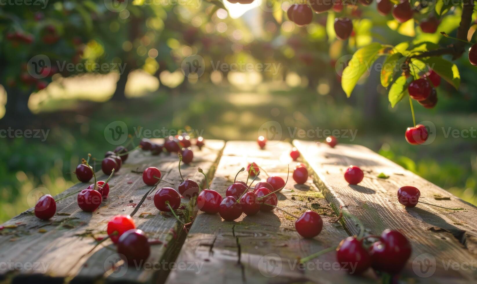 Ripe cherries scattered on a wooden picnic table in the dappled sunlight of a cherry orchard photo