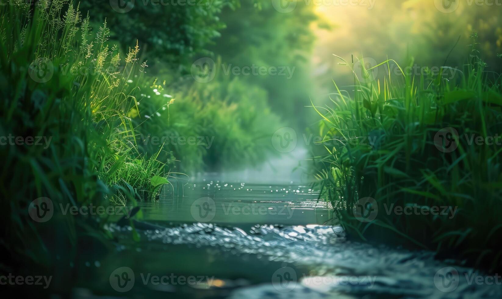 Closeup view of green grass and lives near the stream in spring forest photo