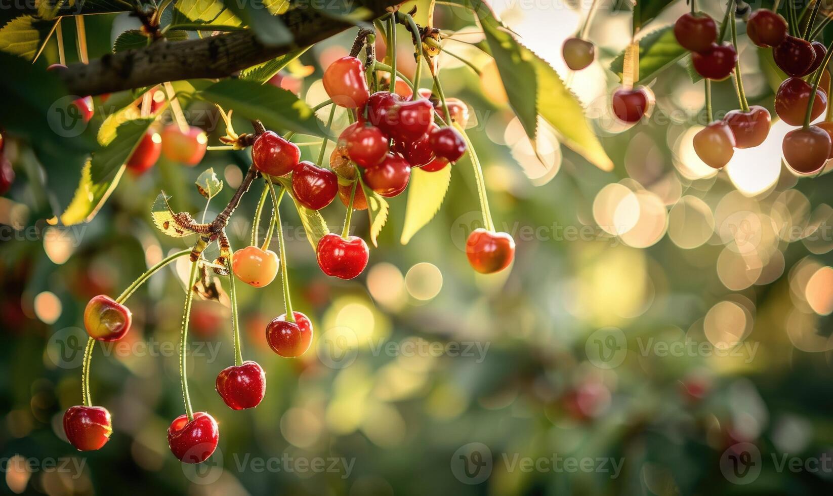 Ripe cherries dangling temptingly from the branches of a cherry tree in a vibrant garden photo