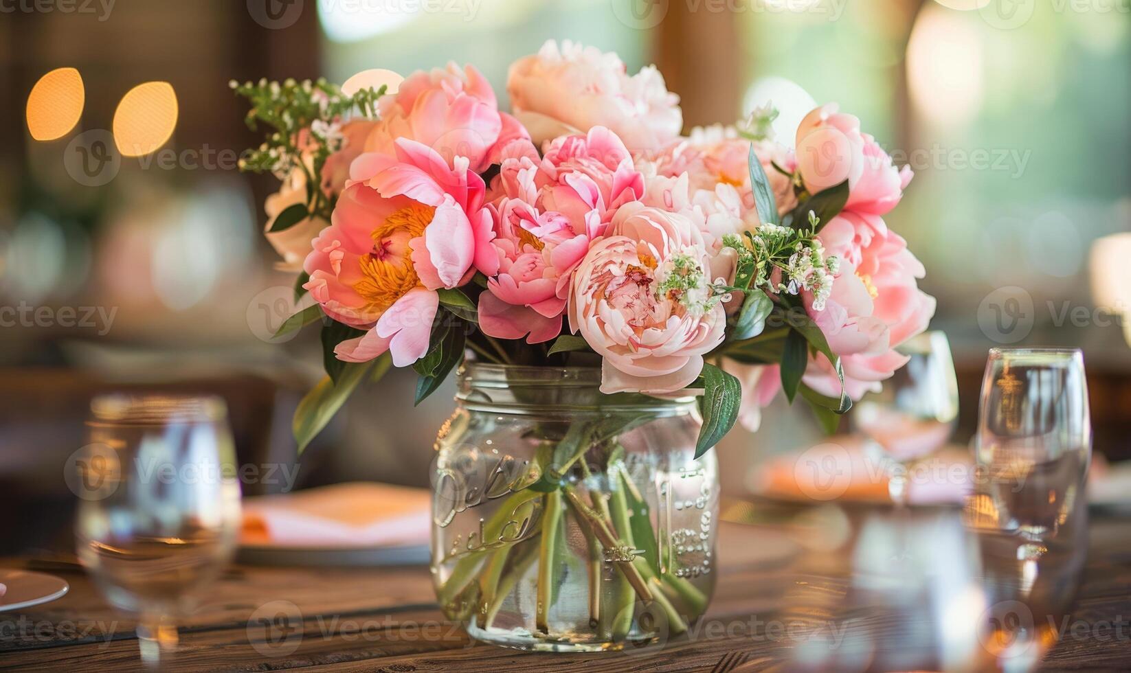 Peonies arranged in a mason jar vase for a rustic chic centerpiece photo