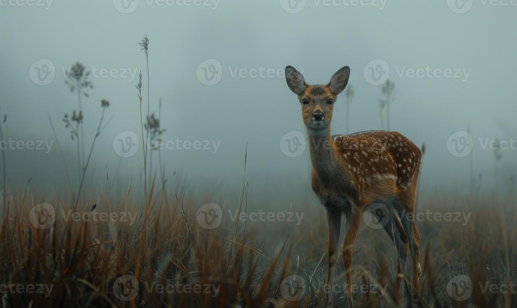 Fallow deer in a foggy field with dry grass and wild flowers photo