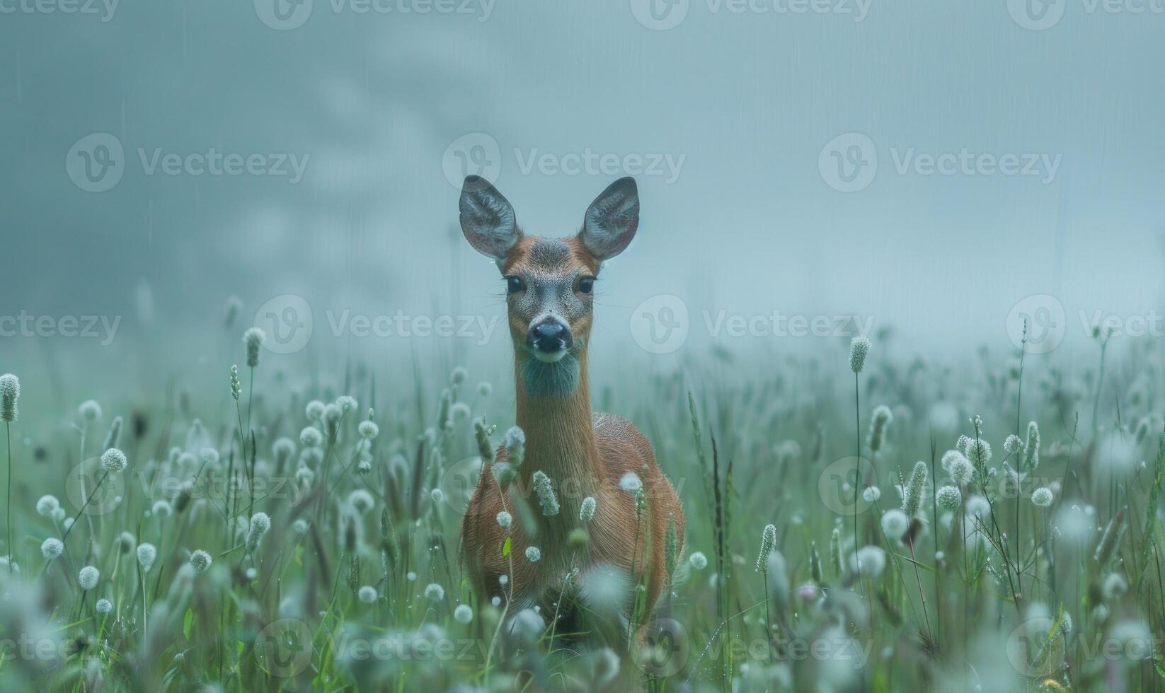 Fallow deer in a foggy field with dry grass and wild flowers photo