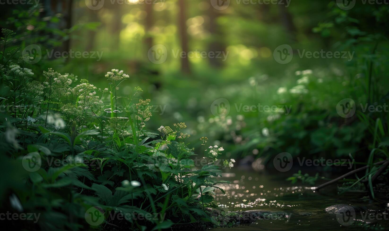 Closeup view of green grass and lives near the stream in spring forest photo