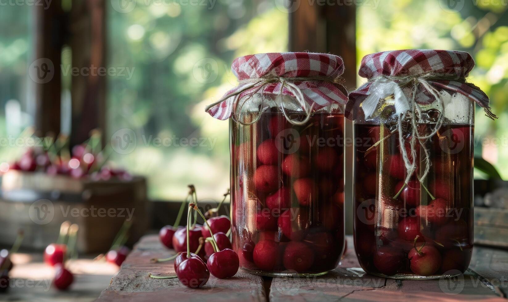 Ripe cherries showcased in a glass jar filled with clear syrup photo