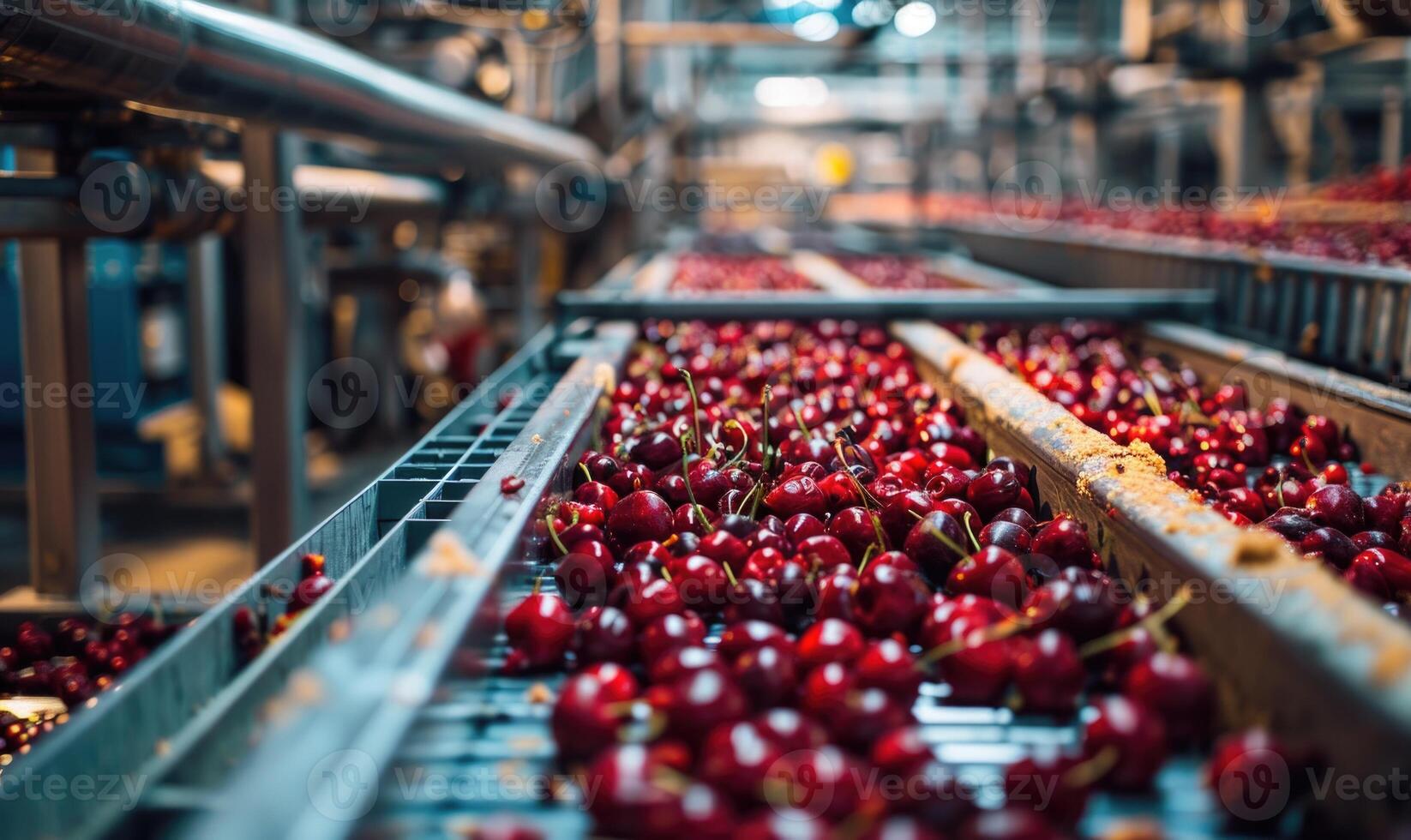 Ripe cherries being sorted and packaged in a bustling fruit processing facility photo