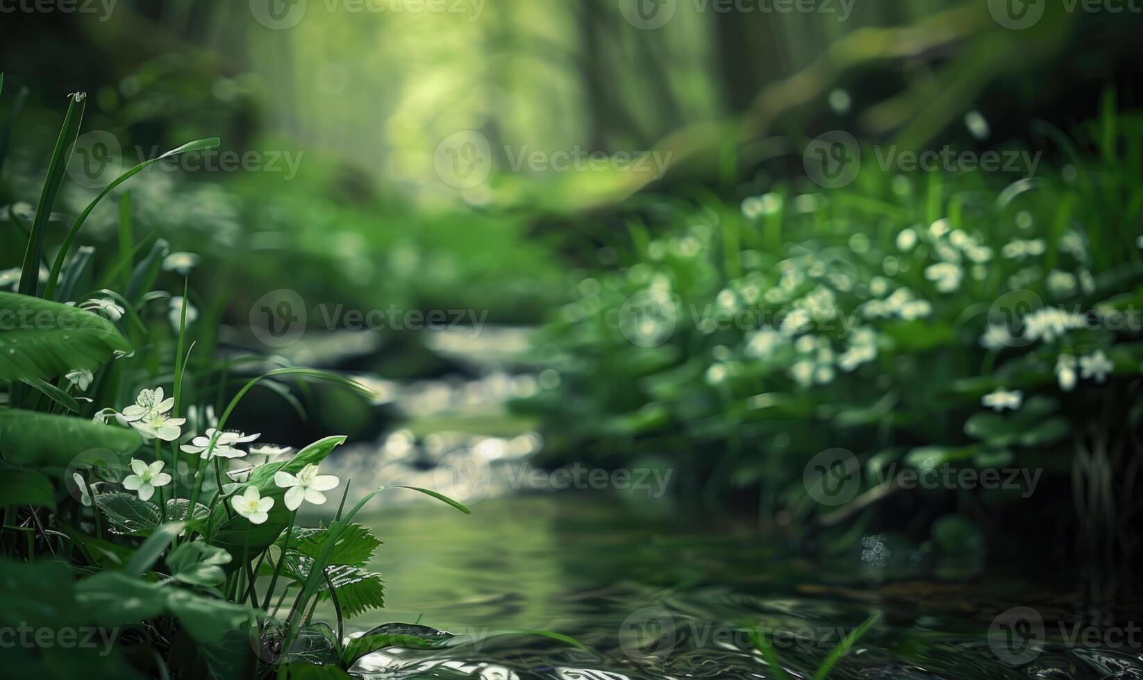 Closeup view of green grass and lives near the stream in spring forest photo