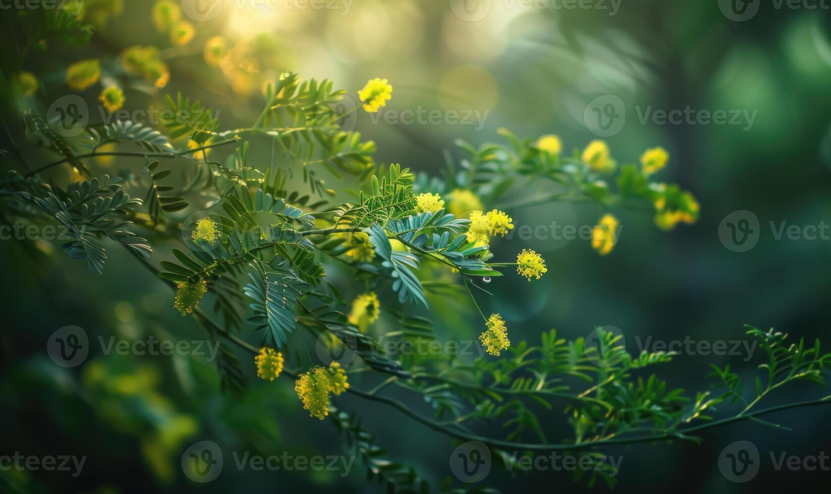 Closeup view of yellow mimosa flower branch with bokeh background photo