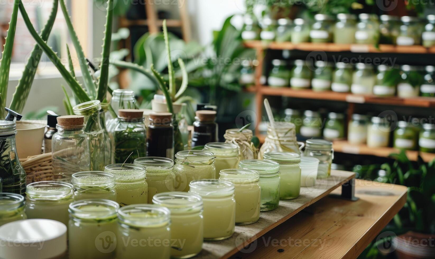 un boticario taller lleno con frascos de naturaleza cosmético con áloe foto