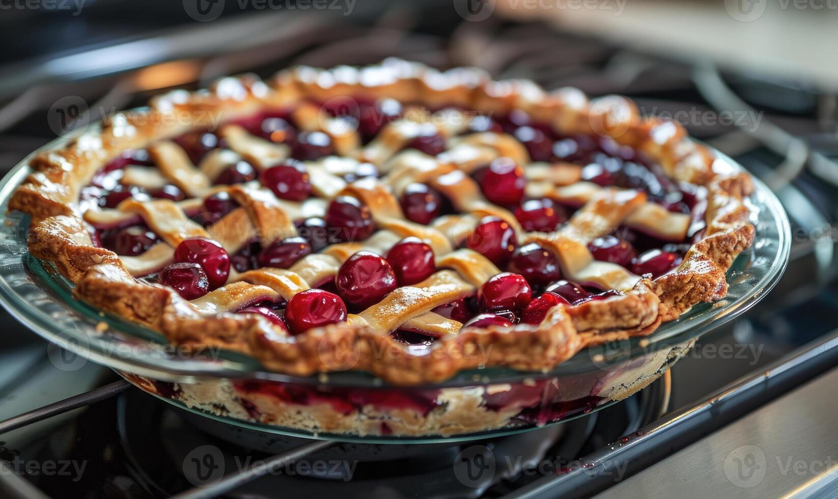 Closeup view of cherry pie with fresh cherries photo